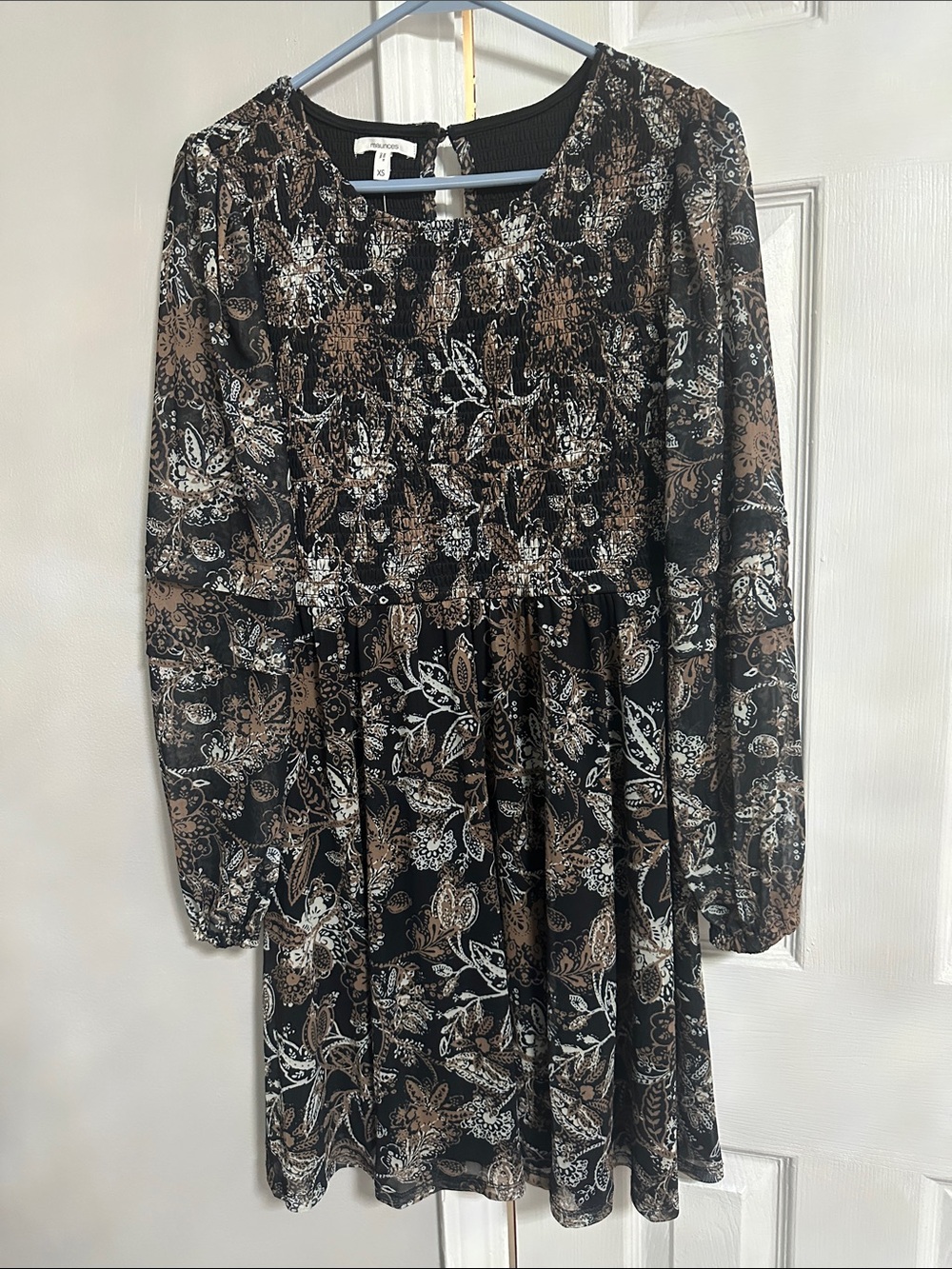 Maurices Black Long Sleeve Floral Smocked Dress with Brown and Cream Accents